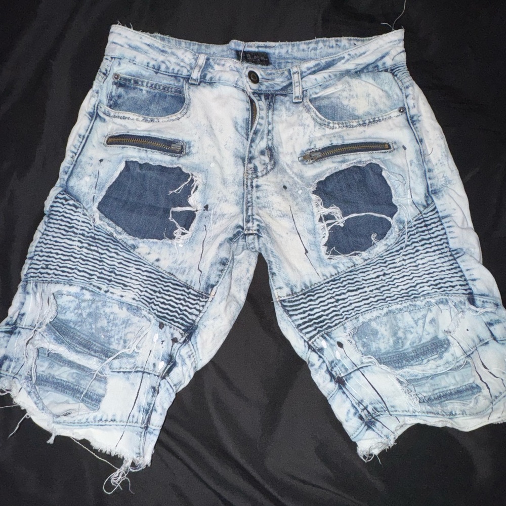 Blue Jean Shorts with Distressed Moto Design